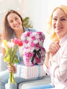 1 件人造玫瑰熊女士禮物花熊玫瑰泰迪熊可愛浪漫生日禮物母親節禮物(無禮盒)