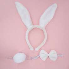 3件套赛马节女士装扮派对夜店可爱毛绒兔耳朵头饰领结尾巴套装舞会万圣节 - 白色 - 查看 2