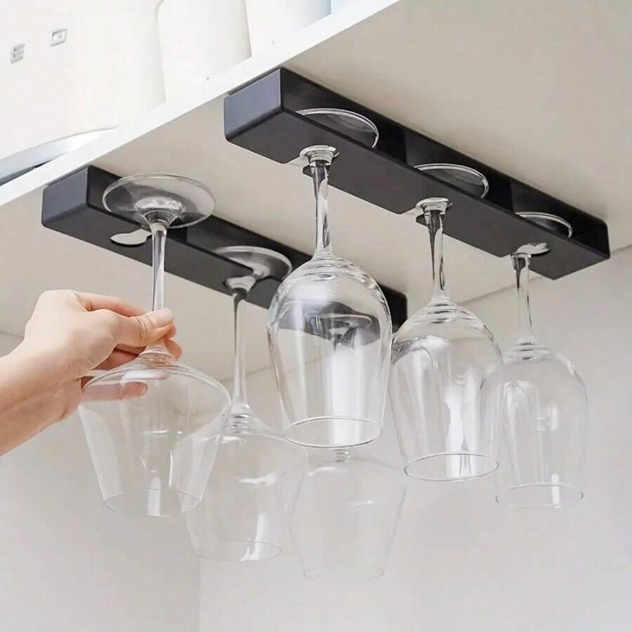 1pc Wine Glass Under Cabinet Hanging Rack, For Kitchen, Bar, Living Room, No Drill Stemware Shelf - Black - View 1