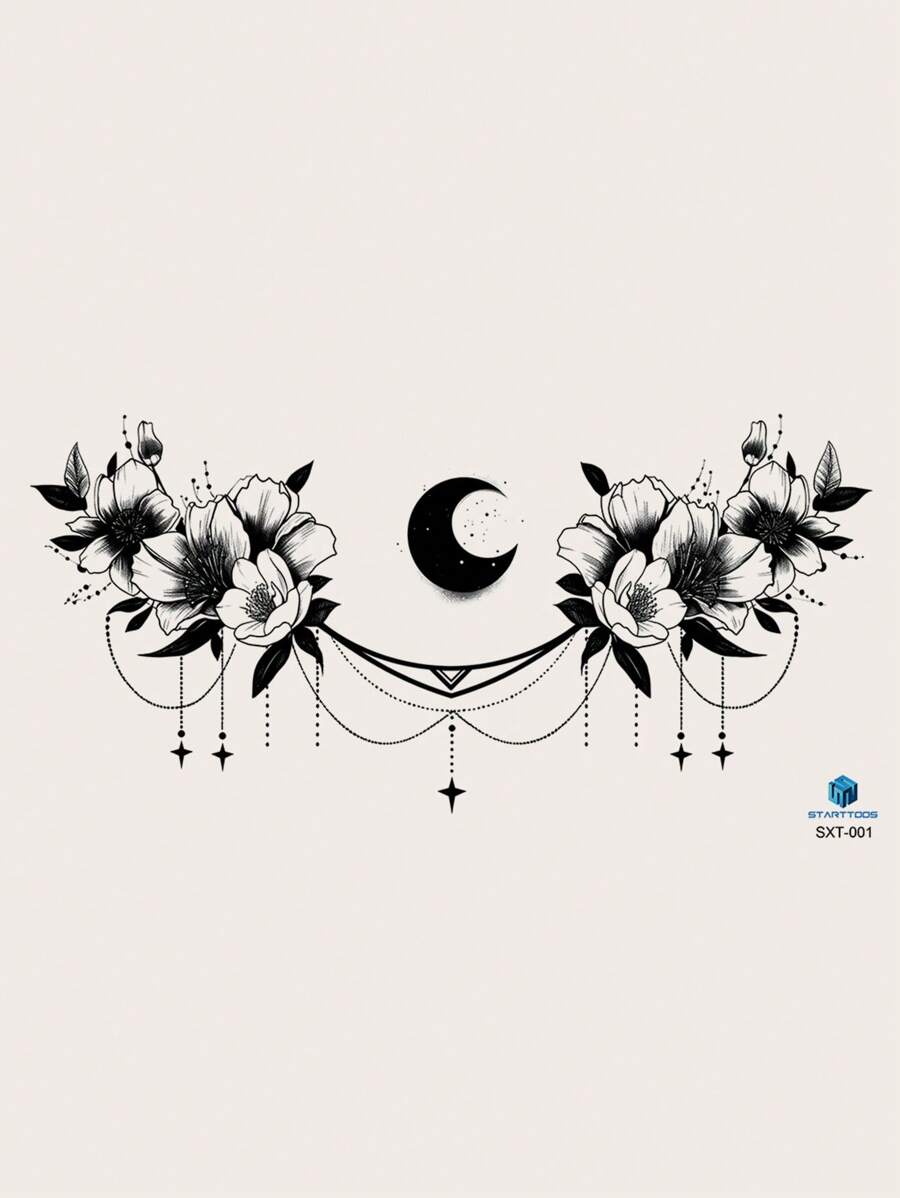 大胸口紋身貼花朵流蘇月牙紋胸腹部後背全身臨時紋身貼1張 - 黑色 - 查看 1