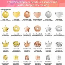 1740入組8款間隔珠子(金色、銀色、玫瑰金),用於手鍊項鍊珠寶製作用品 - 彩色 - 查看 3