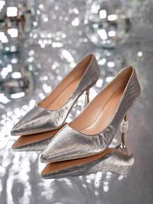 Giày cao gót mũi nhọn cổ thấp cho nữ mùa thu có gót mỏng, phong cách dự tiệc thanh lịch và giày cao gót Pu bóng thời trang mùa thu - Xám - Xem 6