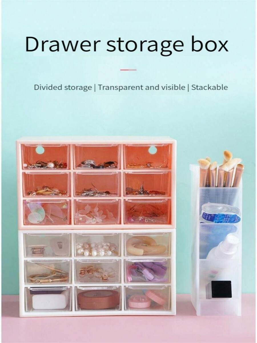 1pc Pink Grid Drawer Box With Three Layers For Stationery, Jewelry, Cosmetics Storage - Baby Pink - View 1