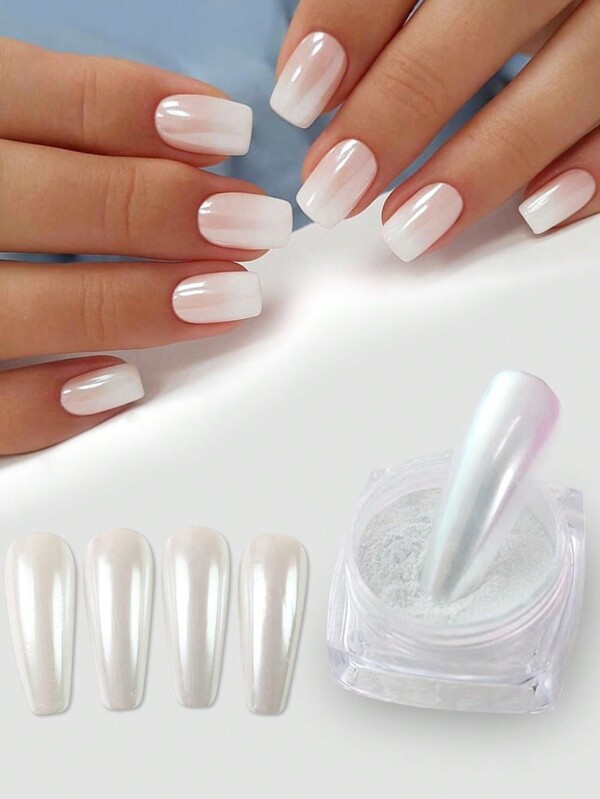 1 caja de polvo cromado blanco brillante de perlas falsas, polvo cromado de sirena, polvo cromado blanco y polvo arcoíris láser para manualidades de arte de uñas. Disponible para gel, polvo de uñas, purpurina, accesorios y suministros para uñas