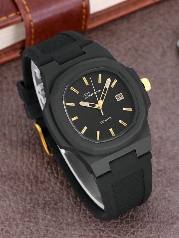 Orologio Uomo Denvosi Nero Alla Moda Con Cinturino In Silicone Casuale Impermeabile E Indicatore Di Data, Adatto Per L'uso Quotidiano E Decorazioni Alle Feste