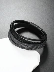 1pc Men's Multi Layer Pu Leather Braided Bracelet For Stacking - Black - View 2