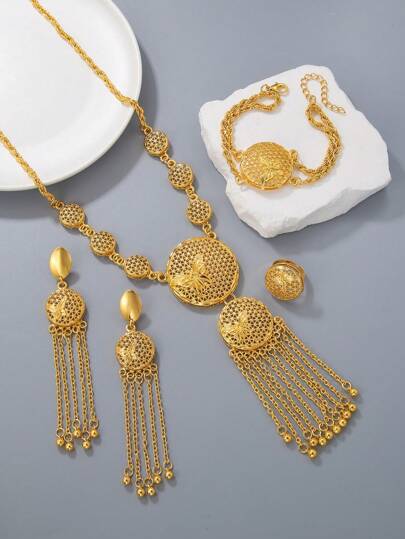 1 Piece Gold Europe And The United States Gorgeous Jewelry Set Wedding Decoration Necklace Earrings Bracelet Ring Set Ladies