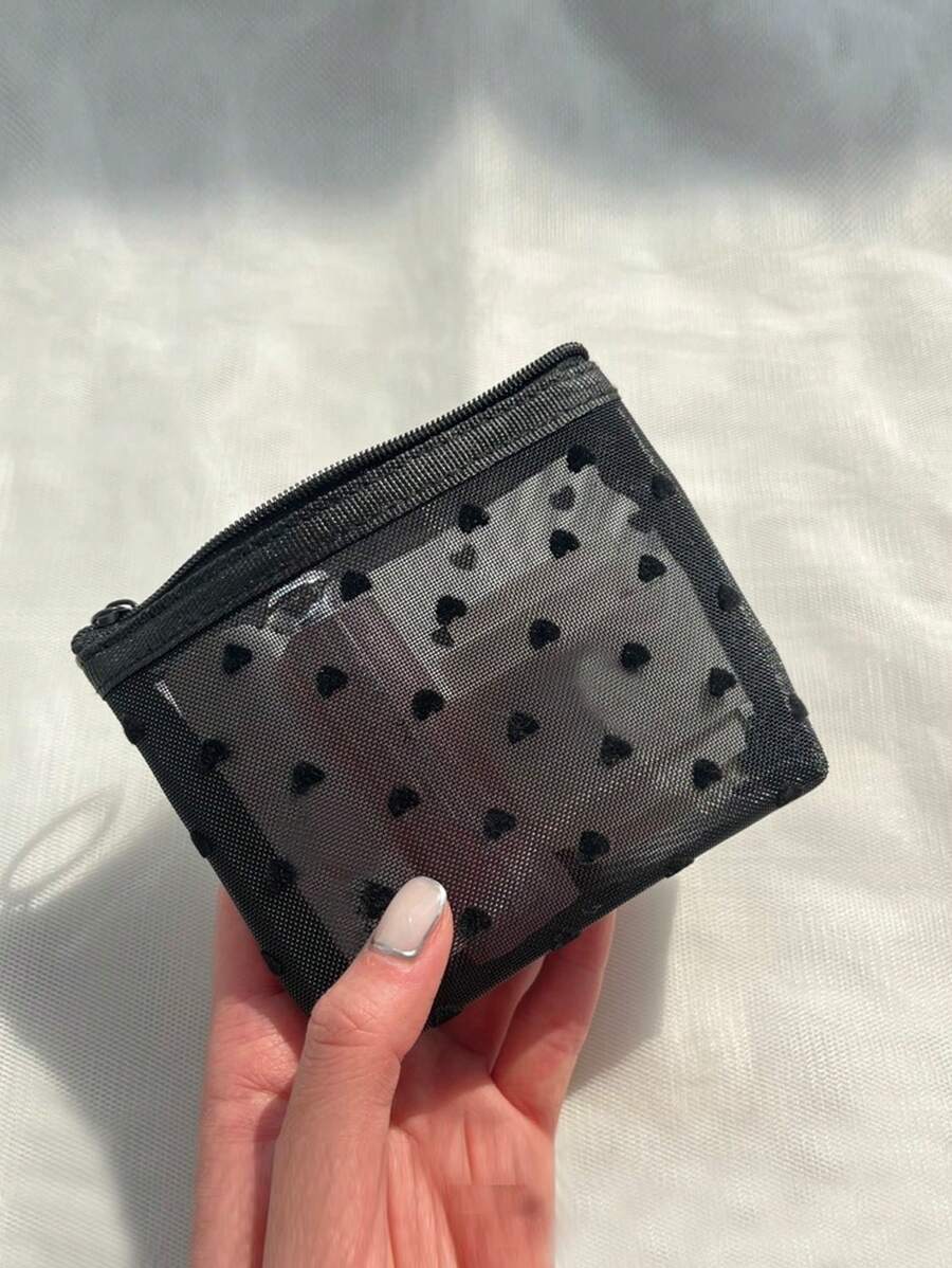 1 件女士旅行化妆收纳袋网眼化妆包洗漱用品透明洗漱包包轻便时尚钱包周年纪念生日礼物白领人士男士女士心形钱包迷你包简约钱包 - 黑色 - 查看 1