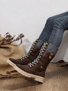 女式時尚棕色冬季雪地靴,防滑耐用中小腿戶外運動靴 - 鏽棕色 - 查看 7