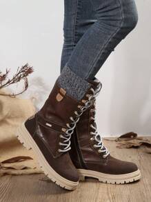 女式時尚棕色冬季雪地靴,防滑耐用中小腿戶外運動靴 - 鏽棕色 - 查看 4