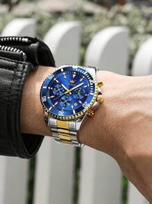 OLEVS. OLEVS Mens Watches Chronograph Luxury Dress Moon Phase Quartz Stainless Steel Waterproof Luminous Business Calendar Wrist Watch - 金藍色 - 查看 3