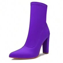 Women's Pointed Toe Ankle Boots Block Chunky Heel Ankle Boot High Heel Booties Stretch Lycra High Heeled Boots Fashion Short Boots - 紫色 - 查看 2