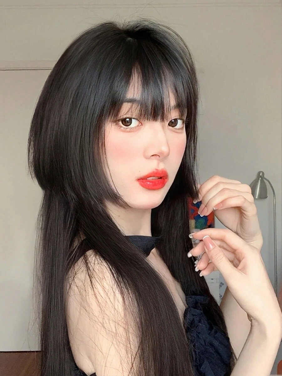 【水母頭】女式長捲髮假髮自然逼真全頭套 - 黑色 - 查看 1