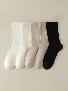 5雙女士實色中筒襪,圓領設計 - 彩色 - 查看 1