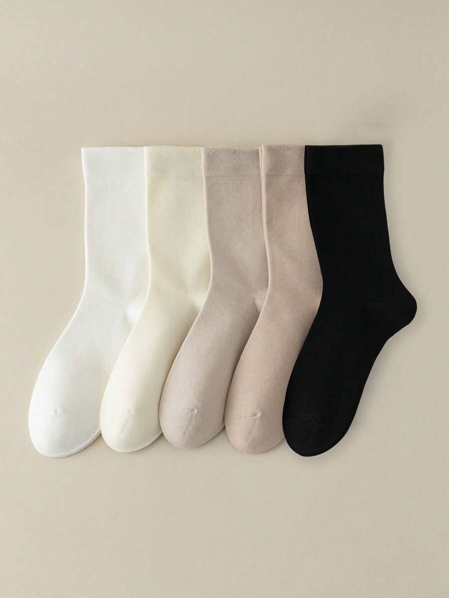 5雙女士實色中筒襪,圓領設計 - 彩色 - 查看 1