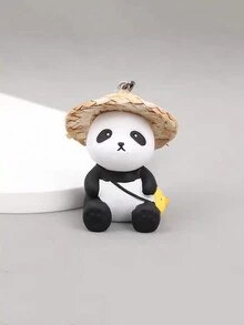 1 件树脂熊猫戴草帽小雕像钥匙扣，时尚包包吊坠装饰，可爱熊猫娃娃包包配饰
