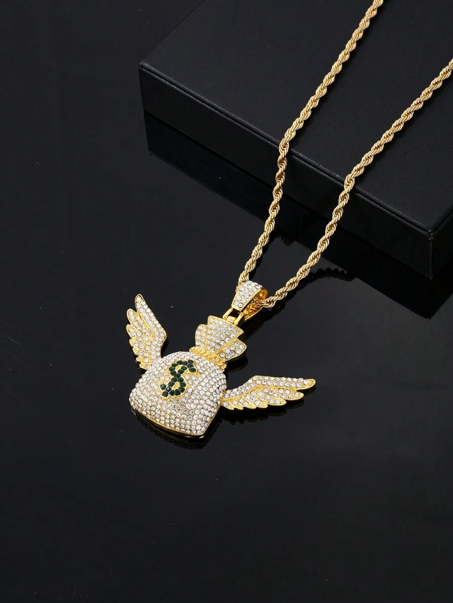 1個流行的金錢袋造型方形氧化鋯裝飾吊墜項鍊,適合男性日常佩戴 - 金黃色 - 查看 1