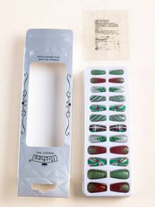 Christmas Series Snowman Christmas Tree Wearing Nails 24pcs + 1 Piece Of Jelly Glue + 1 Piece Of Nail File Press On Nails Nail Supplies