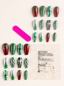 Christmas Series Snowman Christmas Tree Wearing Nails 24pcs + 1 Piece Of Jelly Glue + 1 Piece Of Nail File Press On Nails Nail Supplies