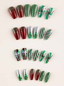 Christmas Series Snowman Christmas Tree Wearing Nails 24pcs + 1 Piece Of Jelly Glue + 1 Piece Of Nail File Press On Nails Nail Supplies