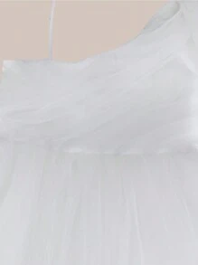 Tween Girl Asymmetrical Shoulder Bow Detail Ruffle Hem Mesh Overlay Dress - White - View 9