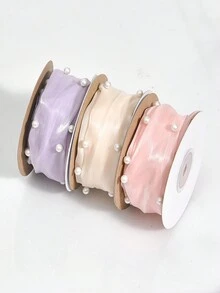 1個-2碼珍珠蓮花緞花蛋糕包裝裝飾蝴蝶結髮夾緞帶diy材料 - 香檳色 - 查看 3