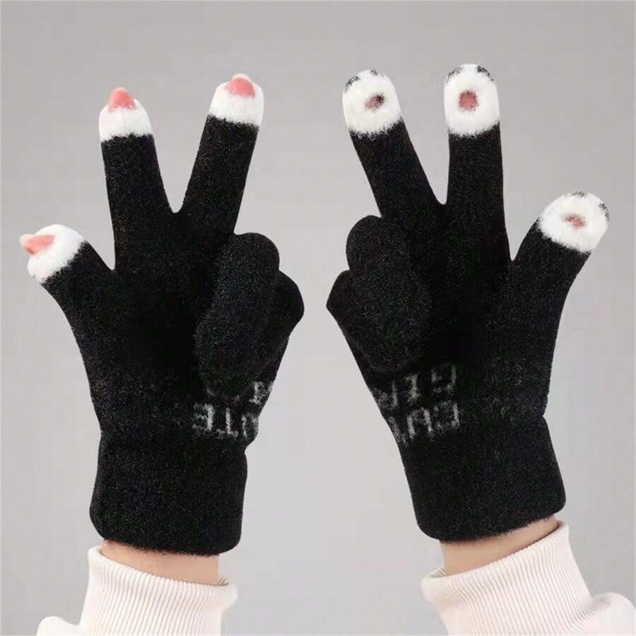 女性觸屏手套可愛編織羊毛手套,秋冬季節卡通百搭風格適用於學生寫作、使用手機時保暖 - 黑色 - 查看 1