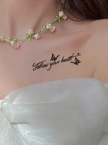 1-2 Sheets Of Waterproof, Sweat-Proof, Washable Temporary Tattoo Stickers With Butterfly Sounds, Ins Style Life Quotes, Suitable For Sticking On The Collarbone And Arm - Black - View 4