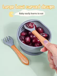3入組嬰兒餵食餐具套裝 - 帶有吸盤底的矽膠碗和木柄匙叉，易於清潔，適用於日常使用和戶外活動的兒童餐具 - 霧霾藍 - 查看 4