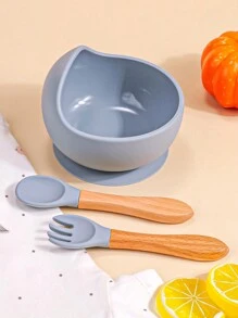 3入組嬰兒餵食餐具套裝 - 帶有吸盤底的矽膠碗和木柄匙叉，易於清潔，適用於日常使用和戶外活動的兒童餐具 - 霧霾藍 - 查看 2