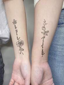 2入組黑色花卉紋身貼紙,附有英文詞語和句子,適用於脊椎、手腕和身體上,臨時紋身 - 黑色 - 查看 5