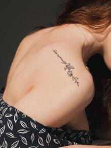 2入組黑色花卉紋身貼紙,附有英文詞語和句子,適用於脊椎、手腕和身體上,臨時紋身 - 黑色 - 查看 4