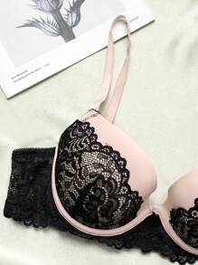 2pcs Women's Swimsuit Fabric + Lace Molded Cup Underwear Set With Steel Wire Ring Bra And Panties Lingerie - Black - View 2