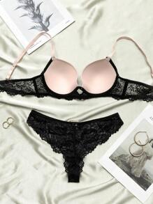 2pcs Women's Swimsuit Fabric + Lace Molded Cup Underwear Set With Steel Wire Ring Bra And Panties Lingerie - Black - View 3