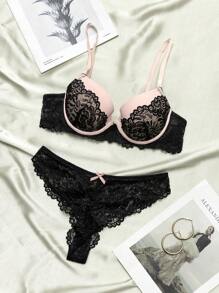 2pcs Women's Swimsuit Fabric + Lace Molded Cup Underwear Set With Steel Wire Ring Bra And Panties Lingerie - Black - View 1