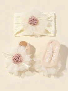 Bộ 1 băng đô và 1 đôi tất cho trẻ sơ sinh và trẻ mới biết đi, băng đô bằng vải nylon Jacquard siêu co giãn và tất trang trí hoa tình yêu Valentine - Màu be - Xem 2