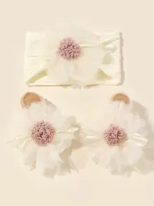 Bộ 1 băng đô và 1 đôi tất cho trẻ sơ sinh và trẻ mới biết đi, băng đô bằng vải nylon Jacquard siêu co giãn và tất trang trí hoa tình yêu Valentine - Màu be - Xem 1