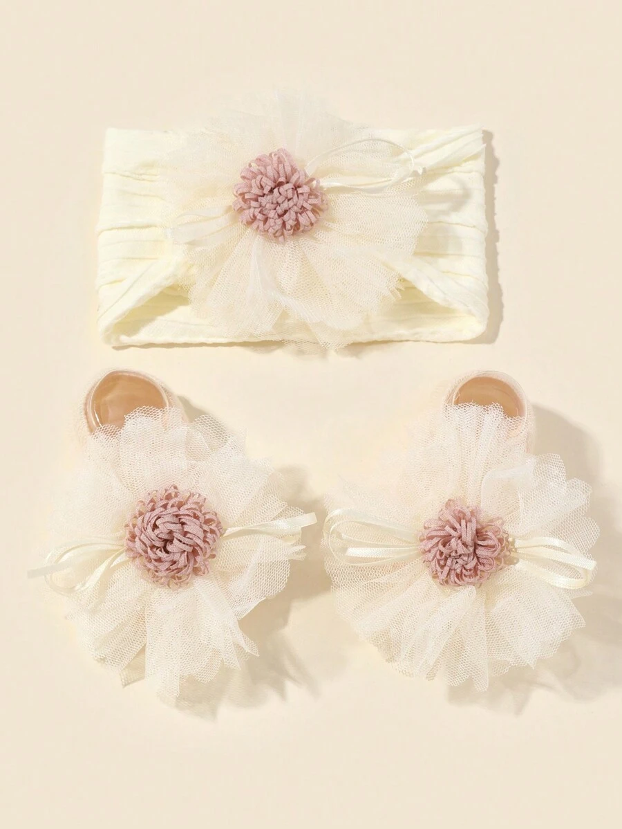 Bộ 1 băng đô và 1 đôi tất cho trẻ sơ sinh và trẻ mới biết đi, băng đô bằng vải nylon Jacquard siêu co giãn và tất trang trí hoa tình yêu Valentine - Màu be - Xem 1