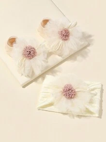 Bộ 1 băng đô và 1 đôi tất cho trẻ sơ sinh và trẻ mới biết đi, băng đô bằng vải nylon Jacquard siêu co giãn và tất trang trí hoa tình yêu Valentine - Màu be - Xem 3