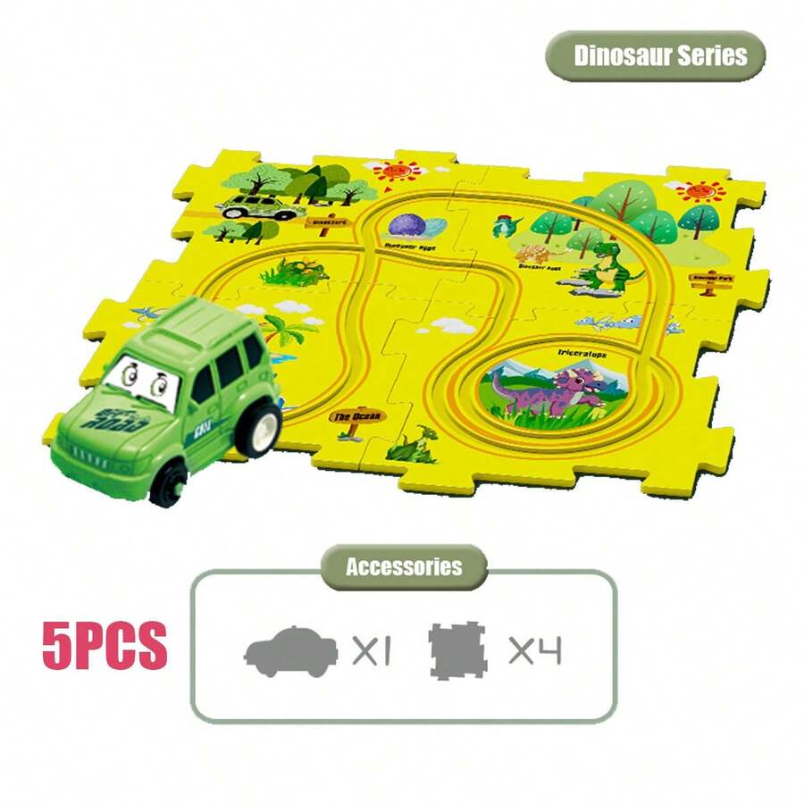 兒童益智軌道車玩具車 Diy 拼圖軌道電動車城景搭建益智玩具(5 件套,恐龍)
