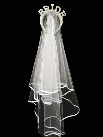 1 pièce Serre-tête à voile décoré de fausse perle de mode pour femmes, élégant pour les mariées, Halloween