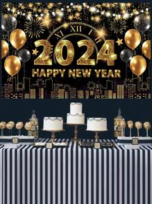 1pc Polyester 2024 Happy New Year Backdrop,Black Gold Background Cloth For New Year Party Decorations - Multicolor - View 1