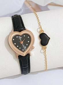 Ladies' Fashion Quartz Watch Set - One Watch And One Heart-shaped Bracelet - Black - View 1