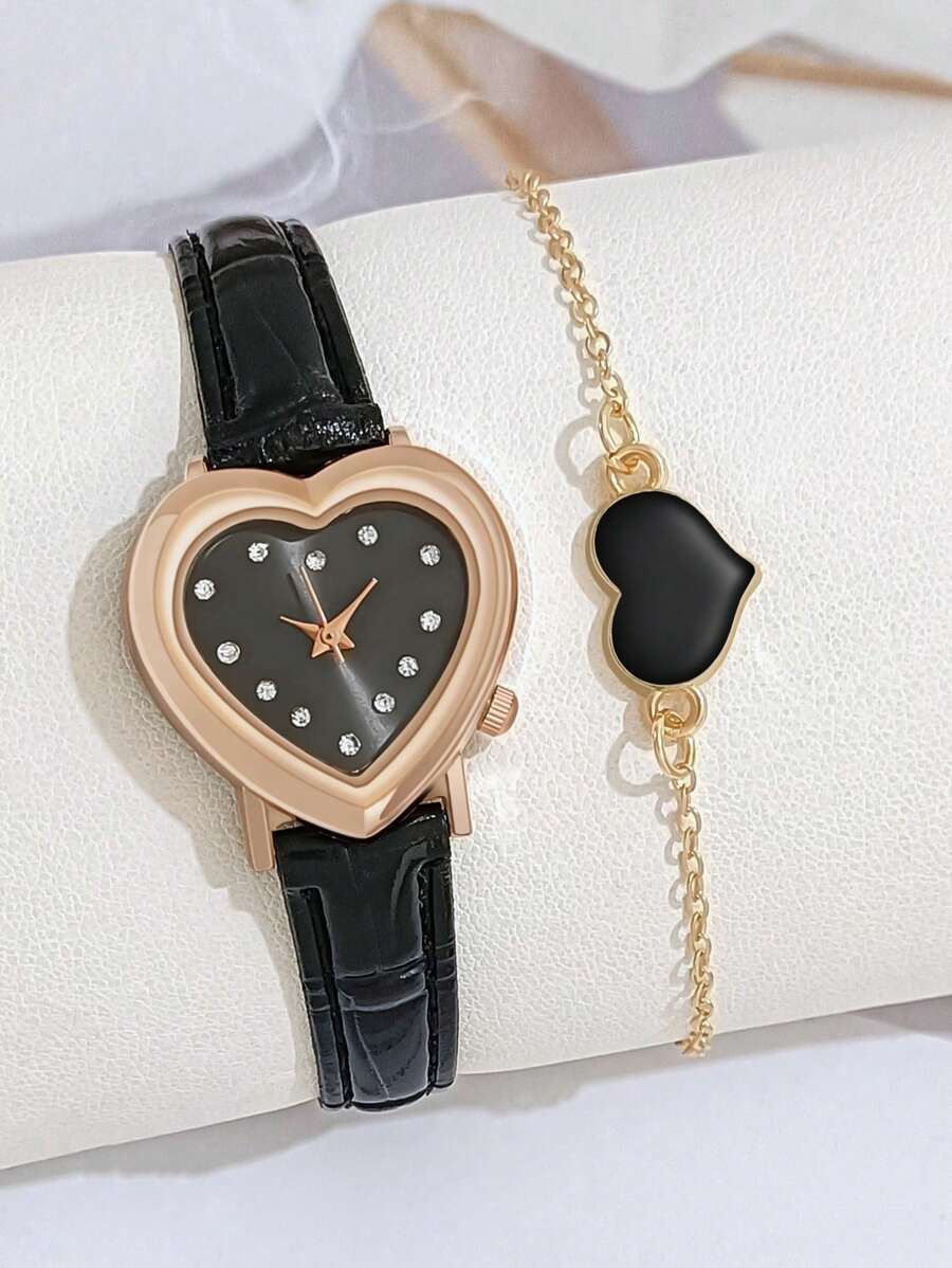 Ladies' Fashion Quartz Watch Set - One Watch And One Heart-shaped Bracelet - Black - View 1