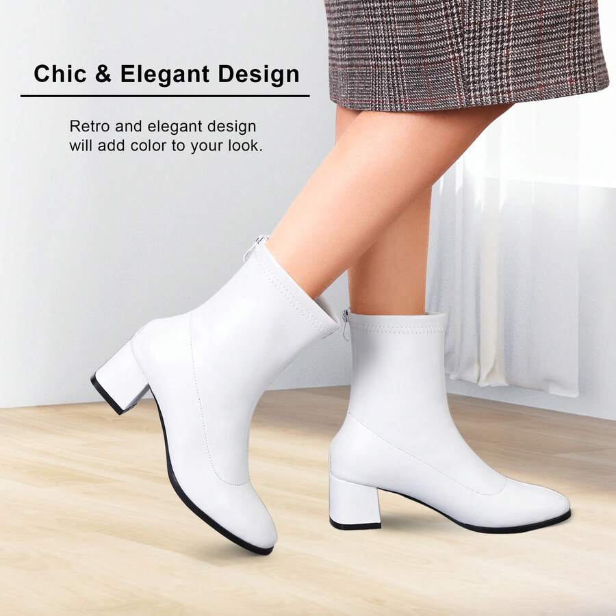 Women's Go Go Boots Mid Calf Block Heel Zipper Boot Ankle Boots Low Block Heel Short Booties Shoes - Branco - Visão 1