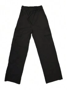 Pantalones cargo largos informales para mujer con detalle de lazo y tejido ligeramente elástico ma1121 - Negro - Ver 6