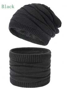 1套女士針織帽子和圍巾套裝,冬季保暖絨布裡帽套和鑽石針織圍巾組合 - 均碼 - 查看 9