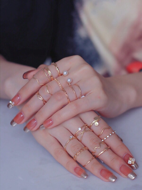 20 Pièces / Ensemble Faux Perles, Pendentif En Forme De Cœur Et Bagues Incrustés De Strass Pour Les Femmes