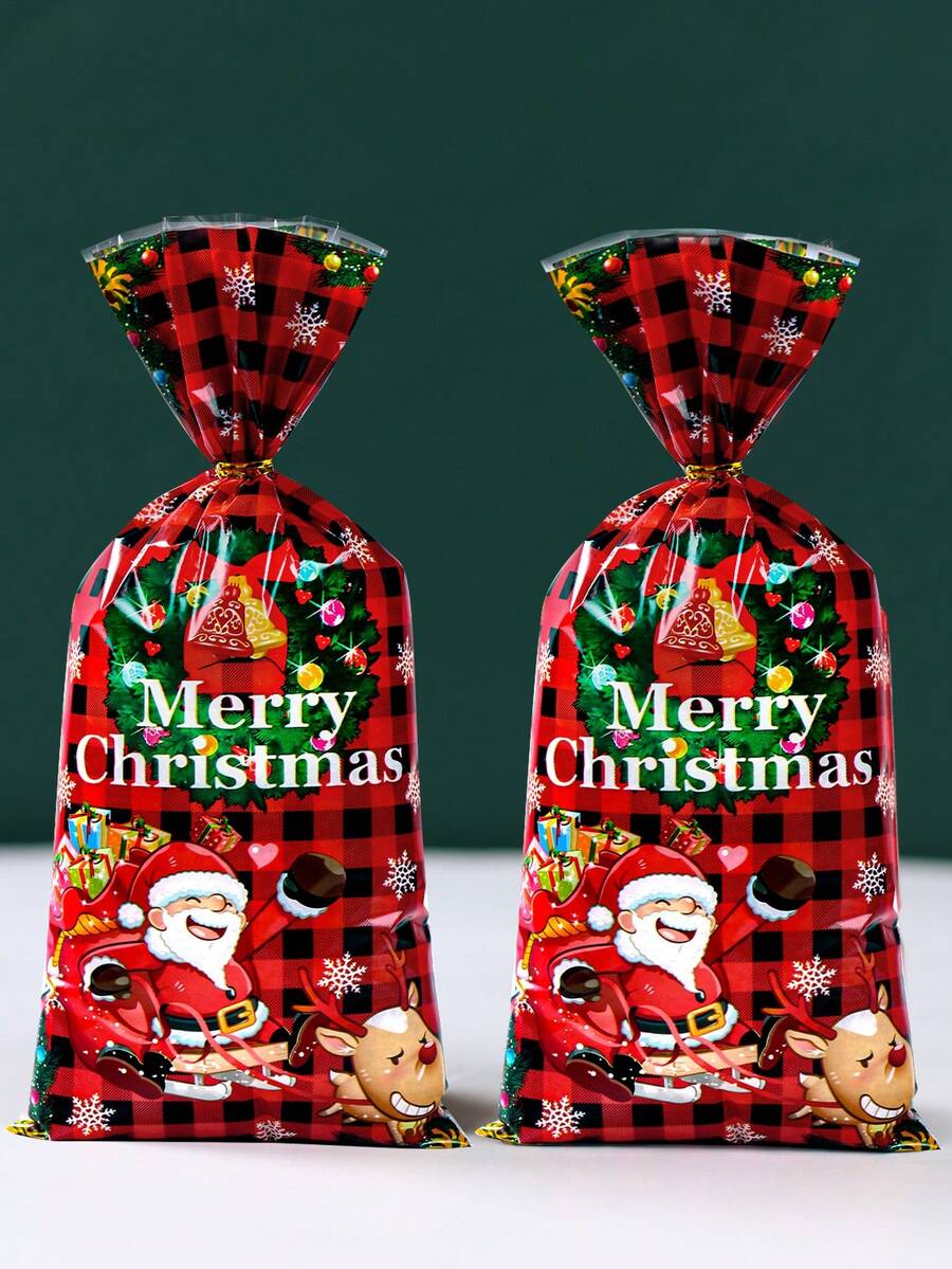 25pcs New Santa Pattern Candy Bag, Christmas Party Gift Wrapping Supplies Christmas Reindeer Gift Bag - Multicolor - View 1