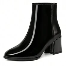 Women's GoGo Boots High Heel Ankle Boots Round Toe Block Chunky Heels Booties Patent Leather PU Ladies Sexy Fashion Side Zipper Short Boots - 黑色 - 查看 4